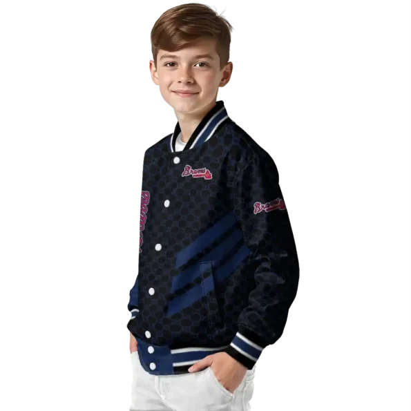atlanta braves triple side stripes navy black varsity jacket trendy