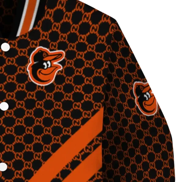 baltimore orioles triple side stripes orange black varsity jacket premium grade