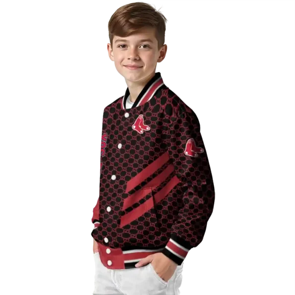 boston red sox triple side stripes red black varsity jacket trendy