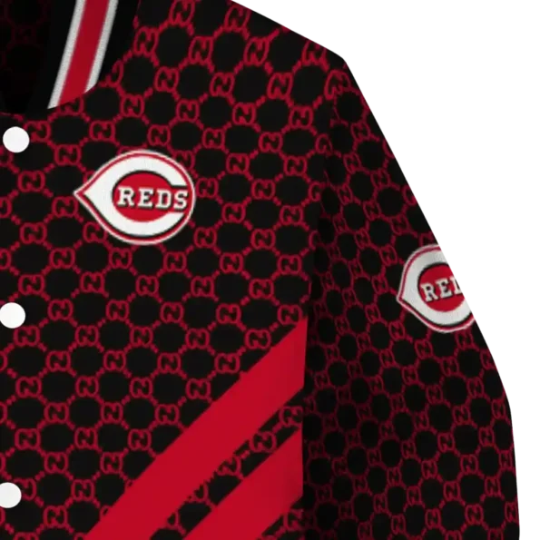 cincinnati reds triple side stripes red black varsity jacket premium grade