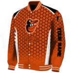 custom baltimore orioles hexagon grid orange varsity jacket best selling