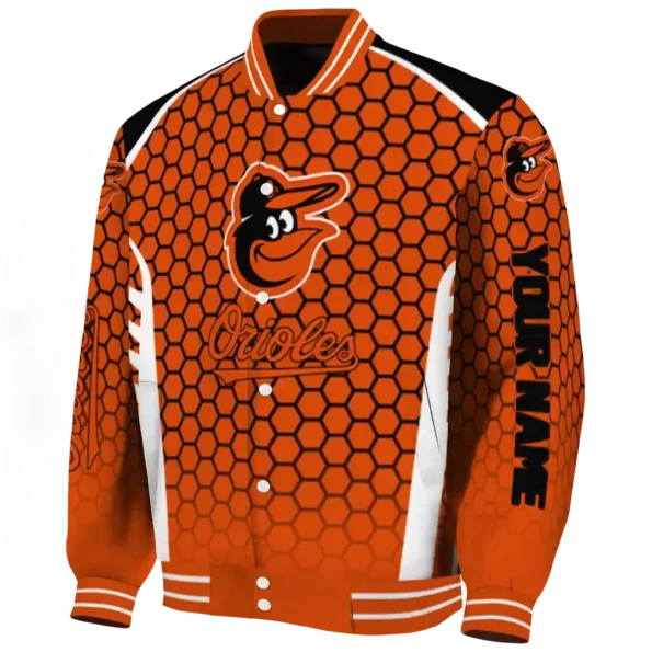 custom baltimore orioles hexagon grid orange varsity jacket best selling