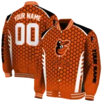 custom baltimore orioles hexagon grid orange varsity jacket best selling