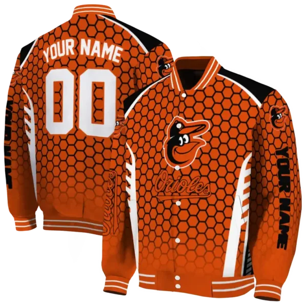 custom baltimore orioles hexagon grid orange varsity jacket fashion forward