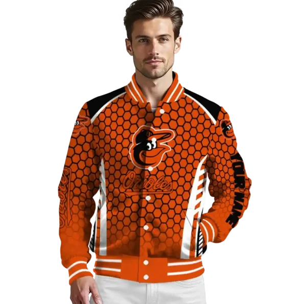 custom baltimore orioles hexagon grid orange varsity jacket high quality