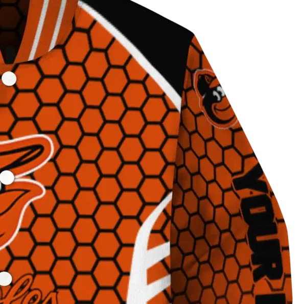 custom baltimore orioles hexagon grid orange varsity jacket premium grade