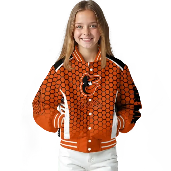 custom baltimore orioles hexagon grid orange varsity jacket top rated