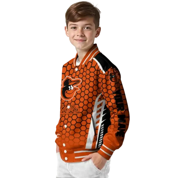custom baltimore orioles hexagon grid orange varsity jacket trendy