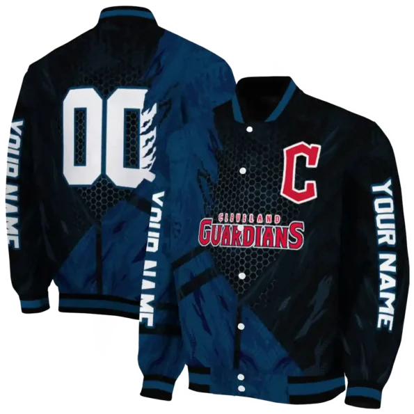 custom cleveland guardians hexagon mesh navy blue black varsity jacket fashion forward