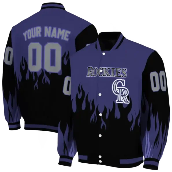 custom colorado rockies flame border blue black varsity jacket fashion forward