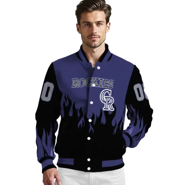 custom colorado rockies flame border blue black varsity jacket high quality