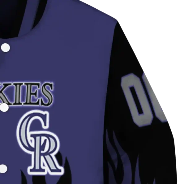 custom colorado rockies flame border blue black varsity jacket premium grade
