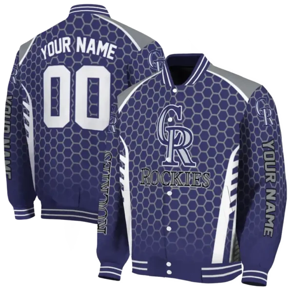 custom colorado rockies hexagon grid blue varsity jacket fashion forward