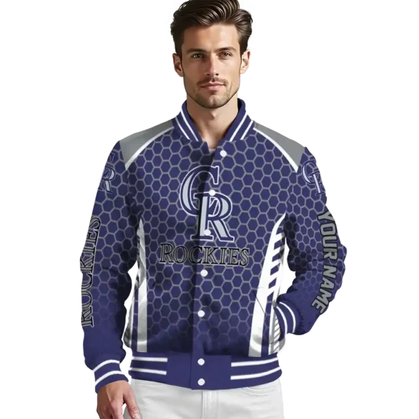 custom colorado rockies hexagon grid blue varsity jacket high quality