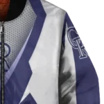 custom colorado rockies v stripes blue white bomber jacket best selling