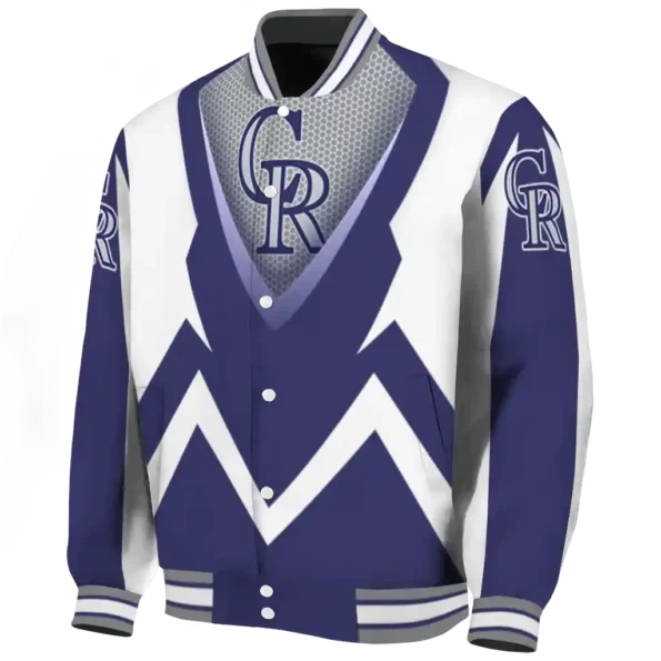 custom colorado rockies v stripes blue white varsity jacket best selling