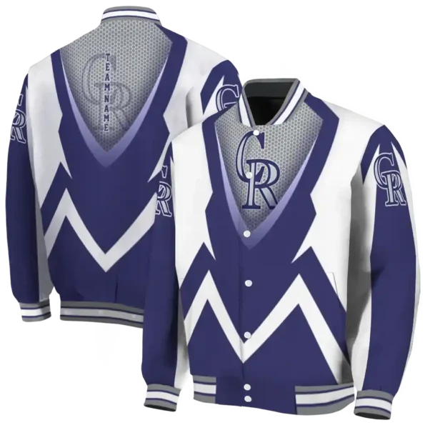 custom colorado rockies v stripes blue white varsity jacket fashion forward