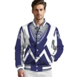 custom colorado rockies v stripes blue white varsity jacket best selling