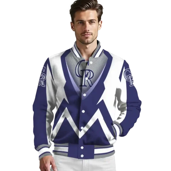 custom colorado rockies v stripes blue white varsity jacket high quality