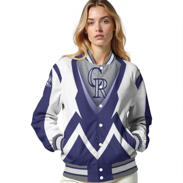 custom colorado rockies v stripes blue white varsity jacket latest model