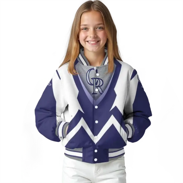 custom colorado rockies v stripes blue white varsity jacket top rated