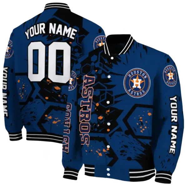 custom houston astros hexagon cluster blue black varsity jacket fashion forward
