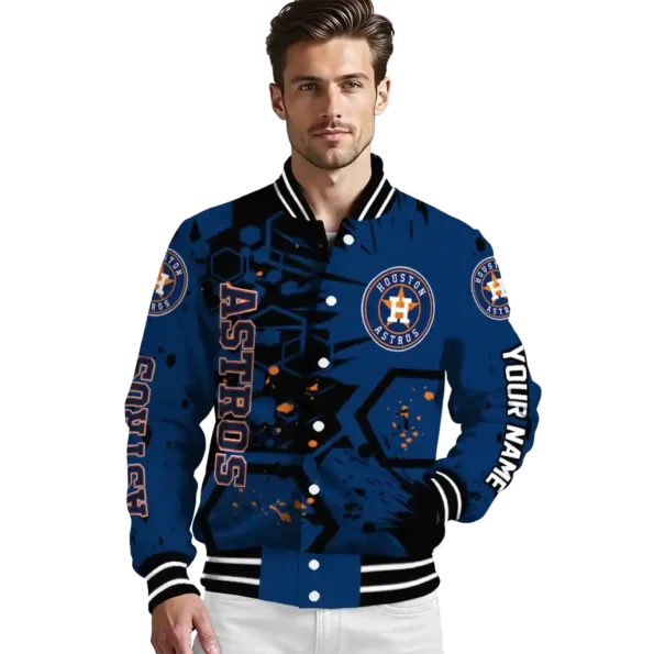 custom houston astros hexagon cluster blue black varsity jacket high quality