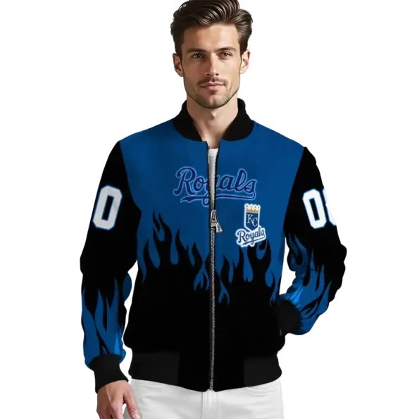 custom kansas city royals flame border royal blue black bomber jacket high quality