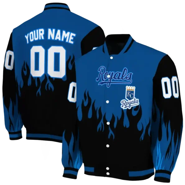 custom kansas city royals flame border royal blue black varsity jacket fashion forward