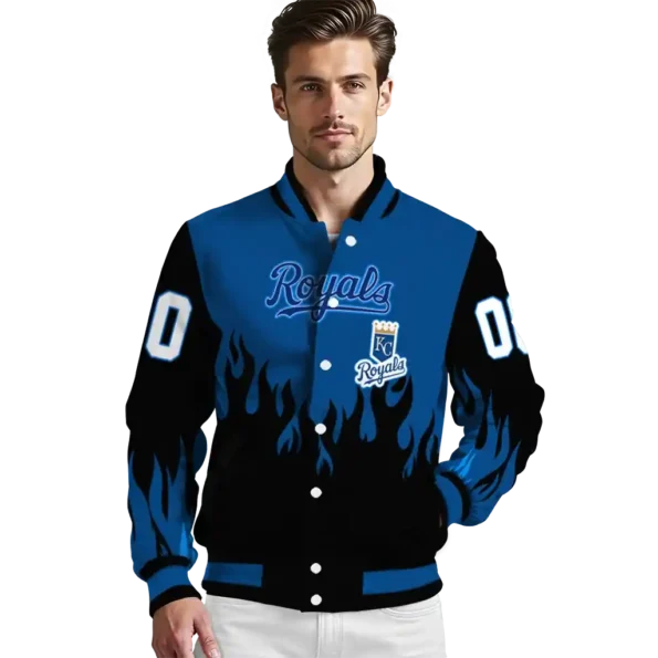 custom kansas city royals flame border royal blue black varsity jacket high quality