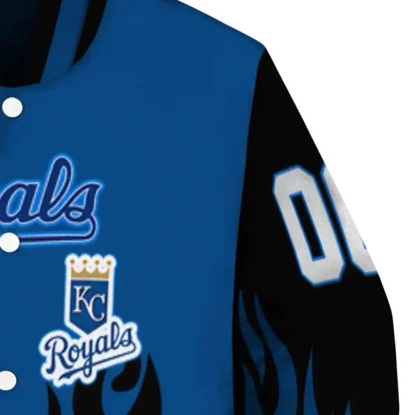 custom kansas city royals flame border royal blue black varsity jacket premium grade