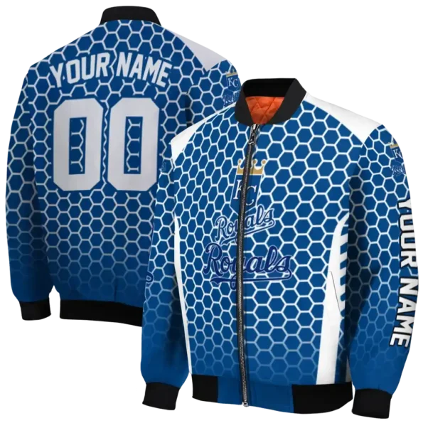 custom kansas city royals hexagon grid royal blue bomber jacket fashion forward