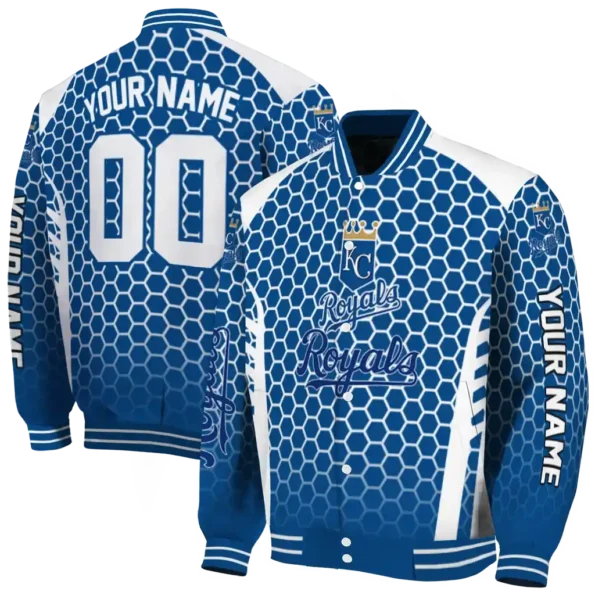 custom kansas city royals hexagon grid royal blue varsity jacket fashion forward