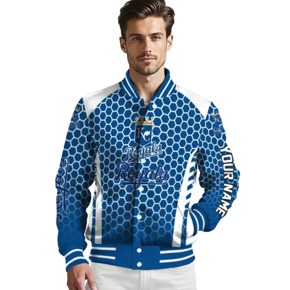 custom kansas city royals hexagon grid royal blue varsity jacket high quality