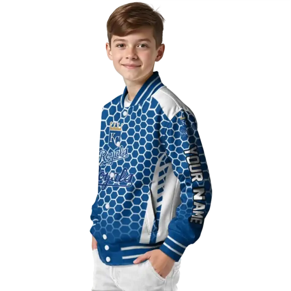 custom kansas city royals hexagon grid royal blue varsity jacket trendy
