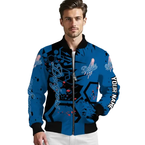 custom los angeles dodgers hexagon cluster blue black bomber jacket high quality
