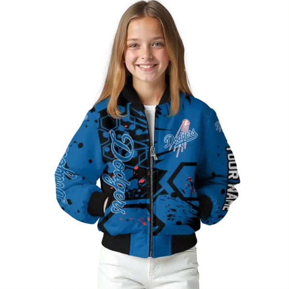 custom los angeles dodgers hexagon cluster blue black bomber jacket top rated