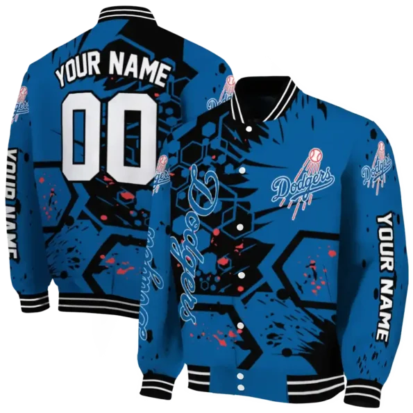 custom los angeles dodgers hexagon cluster blue black varsity jacket fashion forward