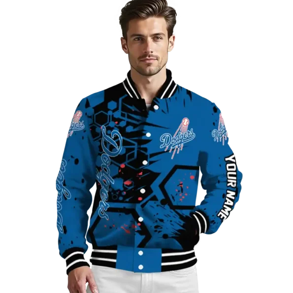 custom los angeles dodgers hexagon cluster blue black varsity jacket high quality