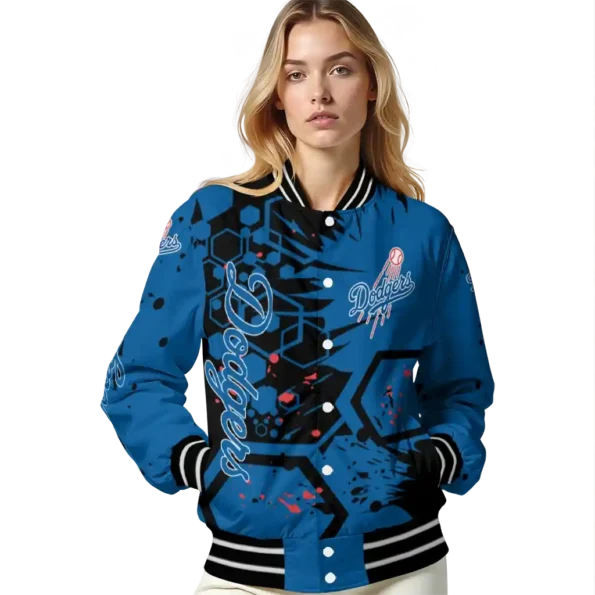 custom los angeles dodgers hexagon cluster blue black varsity jacket latest model