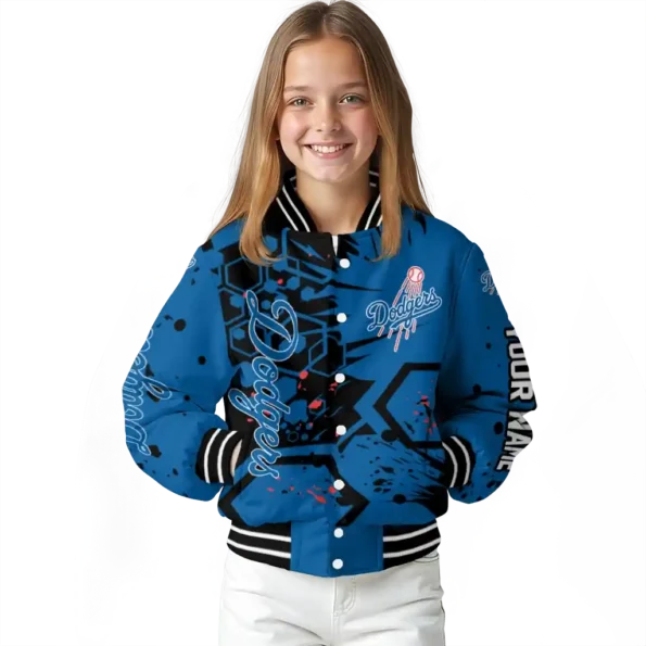 custom los angeles dodgers hexagon cluster blue black varsity jacket top rated