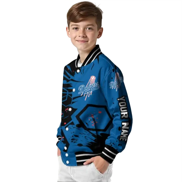 custom los angeles dodgers hexagon cluster blue black varsity jacket trendy