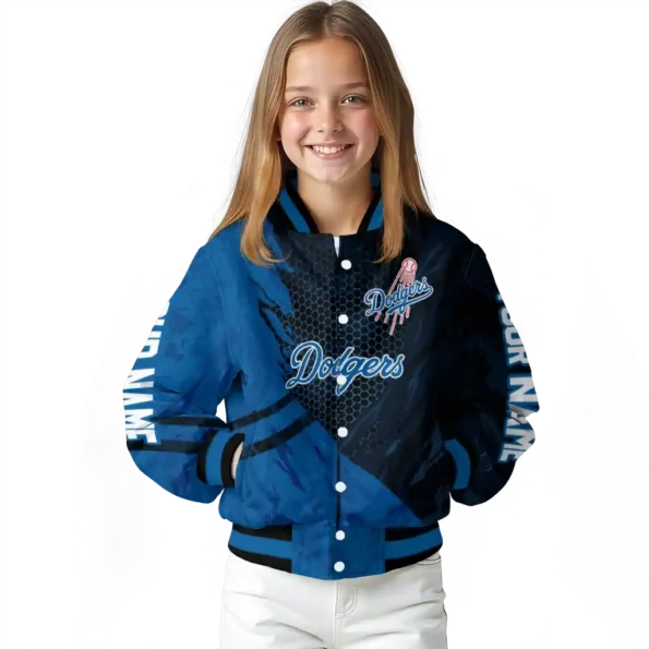 custom los angeles dodgers hexagon mesh blue black varsity jacket top rated
