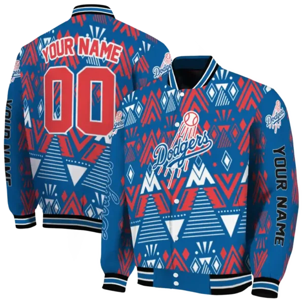 custom los angeles dodgers pyramid shapes blue varsity jacket fashion forward
