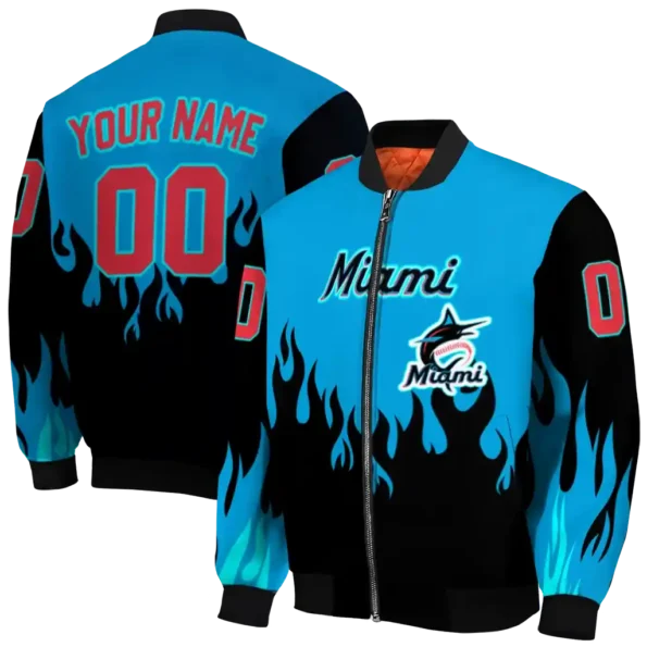 custom miami marlins flame border blue black bomber jacket fashion forward