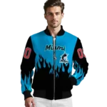 custom miami marlins flame border blue black bomber jacket best selling