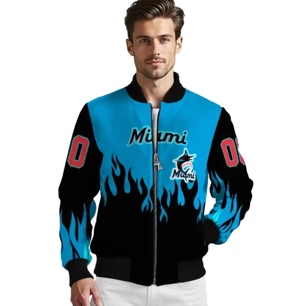 custom miami marlins flame border blue black bomber jacket high quality