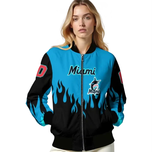 custom miami marlins flame border blue black bomber jacket latest model