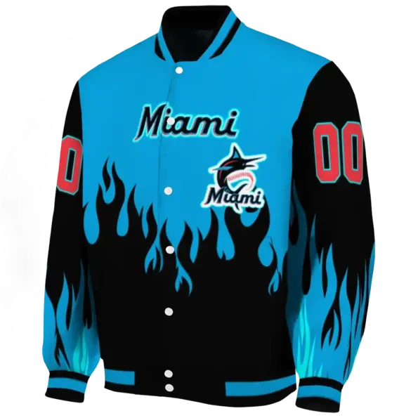 custom miami marlins flame border blue black varsity jacket best selling