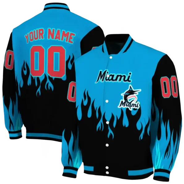 custom miami marlins flame border blue black varsity jacket fashion forward